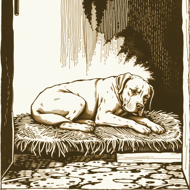 A large dog sleeping soundly on straw in a stable doorway, plain background, nothing else, no border