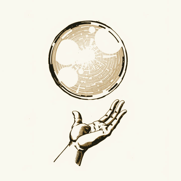 A large soap bubble floating just above an outstretched open hand, plain background, nothing else, no border