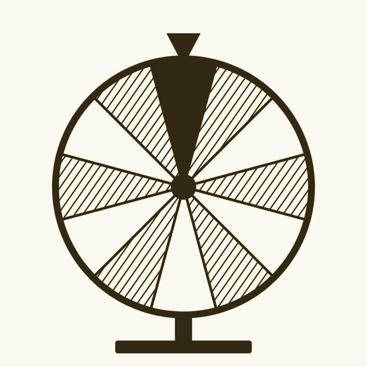 A wheel of fortune with plain wedges, its pointer stopped on one dark wedge