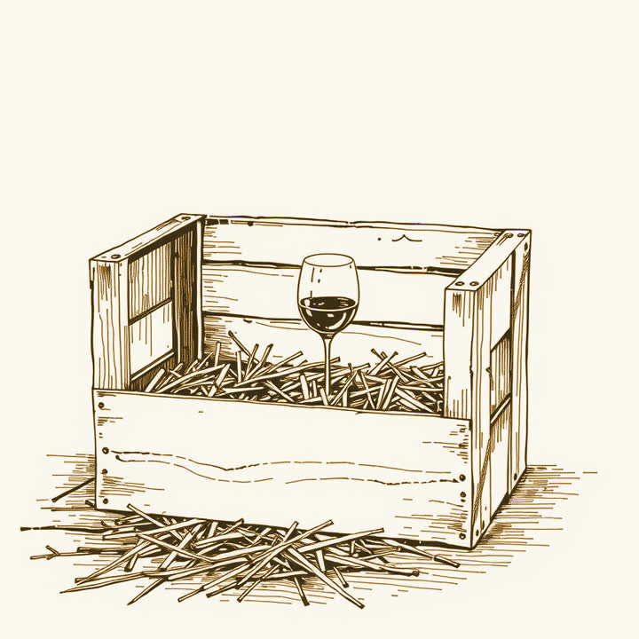 An open wooden shipping crate on a plain floor, straw spilling out, a single wine glass nestled in it