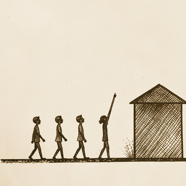 Four small figures walking along a path toward a building, one pointing up at the sky