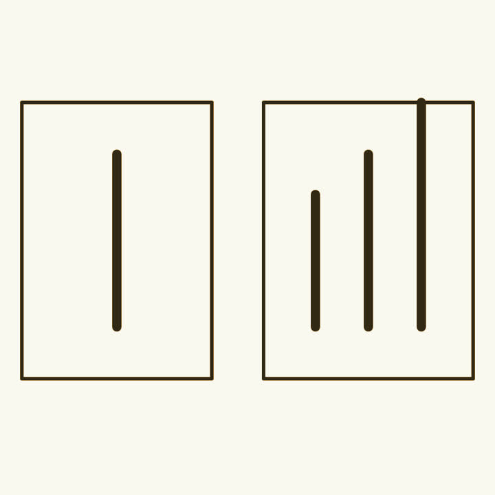 A card with one line beside a card with three lines of different lengths, one of them matching