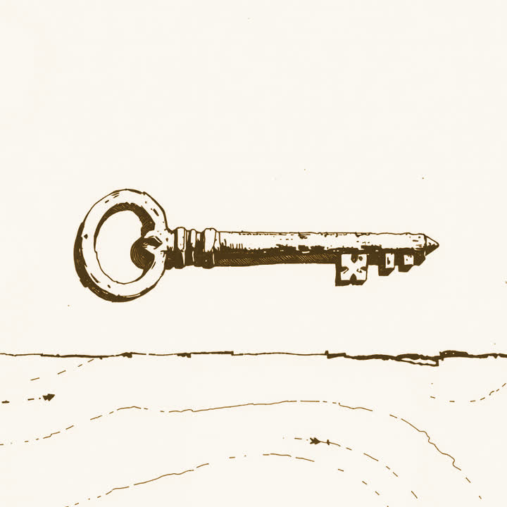 One old iron key lying alone in the middle of a bare wooden table