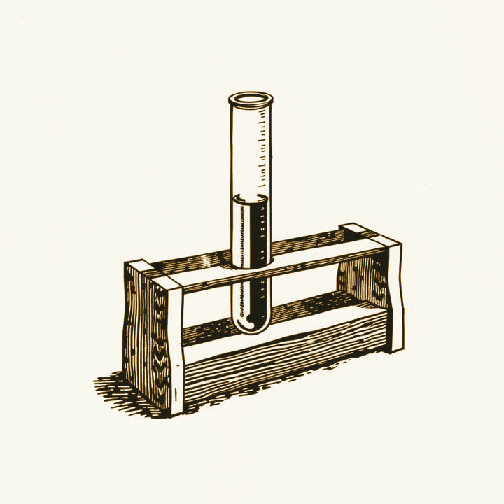 A single glass test tube standing in a wooden rack