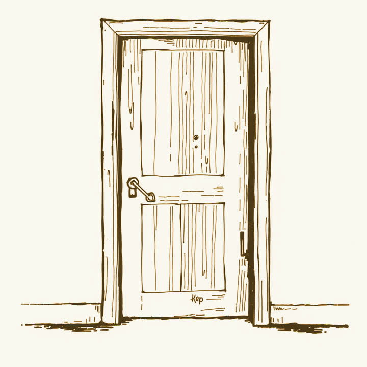 A door standing ajar with a key left in the lock, plain background, nothing else, no border