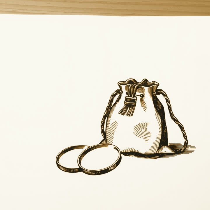 A small leather drawstring pouch lying beside two plain smooth metal discs