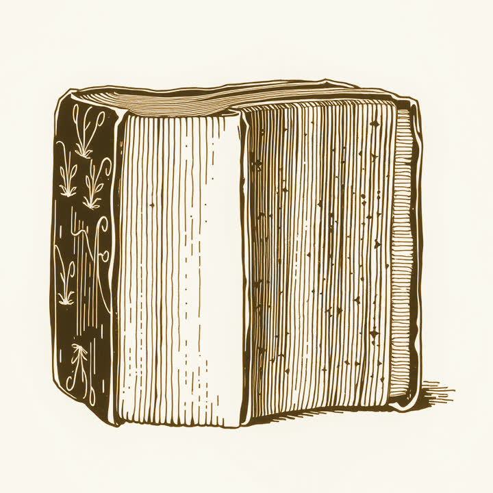 A thick closed leather book seen from the fore edge, its first pages worn dark and soft, the rest crisp and pale, plain background, nothing else, no border