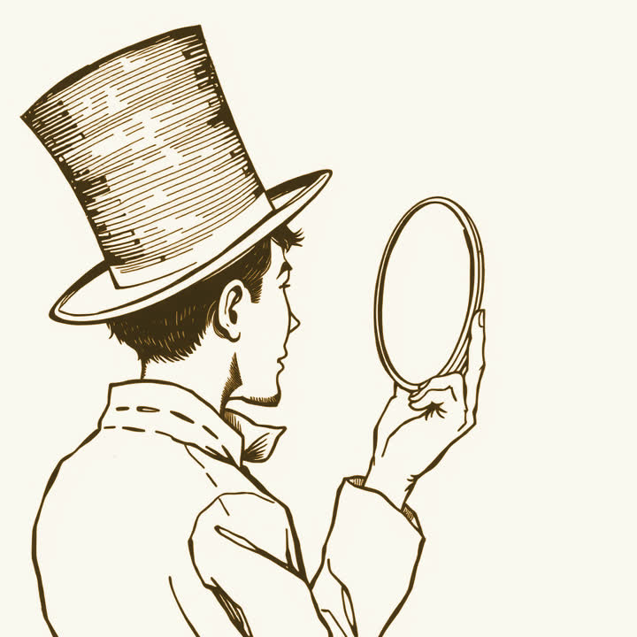 A handsome dandy in a top hat admiring himself in a hand mirror