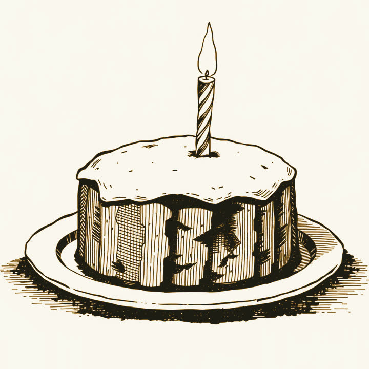 A round iced cake with one lit candle on a plain plate