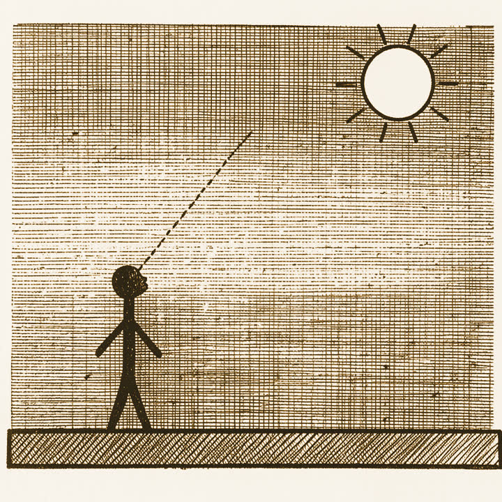 A figure on the ground looking up at a sky drawn in fine lines, with a plain white sun