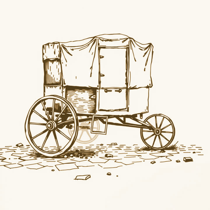 An abandoned carriage with one wheel missing standing on cobbles, plain background, nothing else, no border