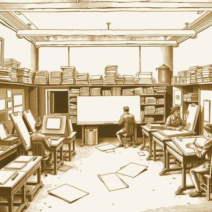 A room full of men at drafting tables, papers stacked high on every surface