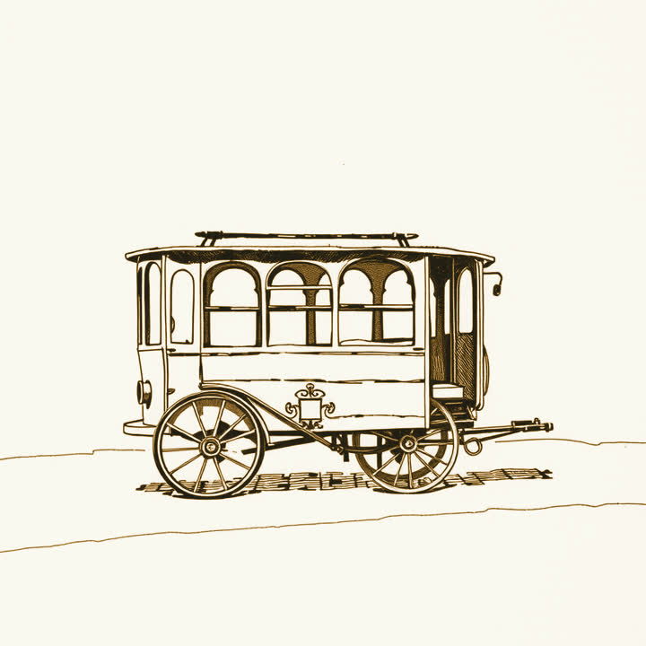 A horse drawn omnibus standing still in an empty street, plain background, nothing else, no border