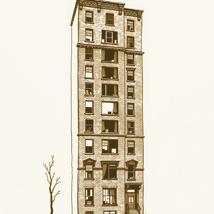 A tall brick apartment building drawn in outline, rows of dark windows and a single window glowing