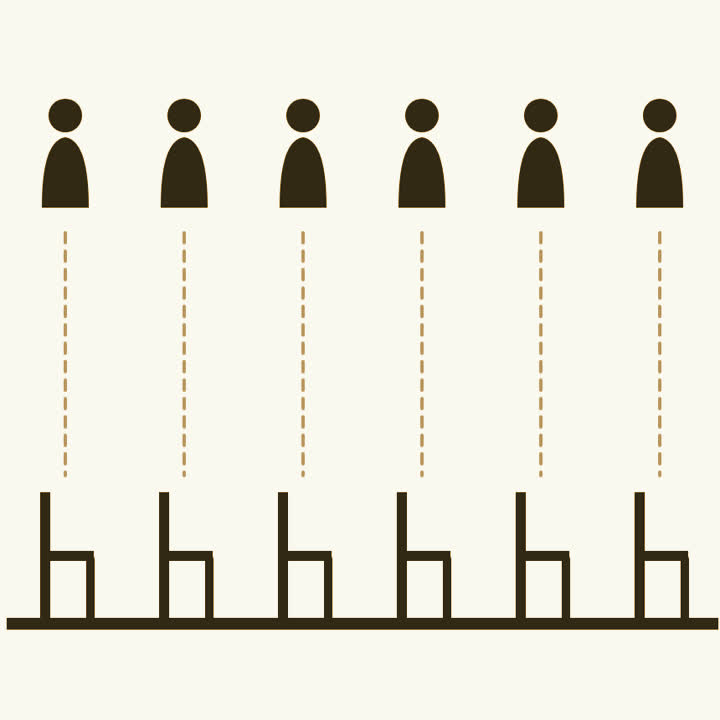 A row of people above a row of chairs, each person joined by a line to one chair