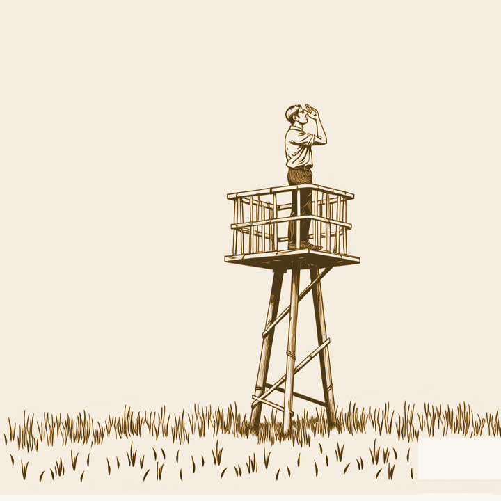 A man on a bamboo watchtower beside a grass airstrip, one hand shading his eyes as he scans a clear sky