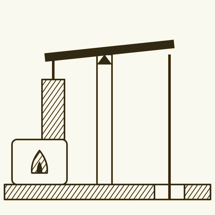 A beam engine over a mine shaft, with its boiler and fire, its cylinder and a pump rod running down the shaft