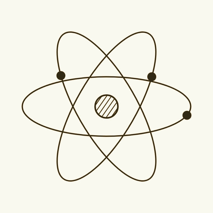 An atom drawn as a small shaded centre with electrons on curved orbits around it