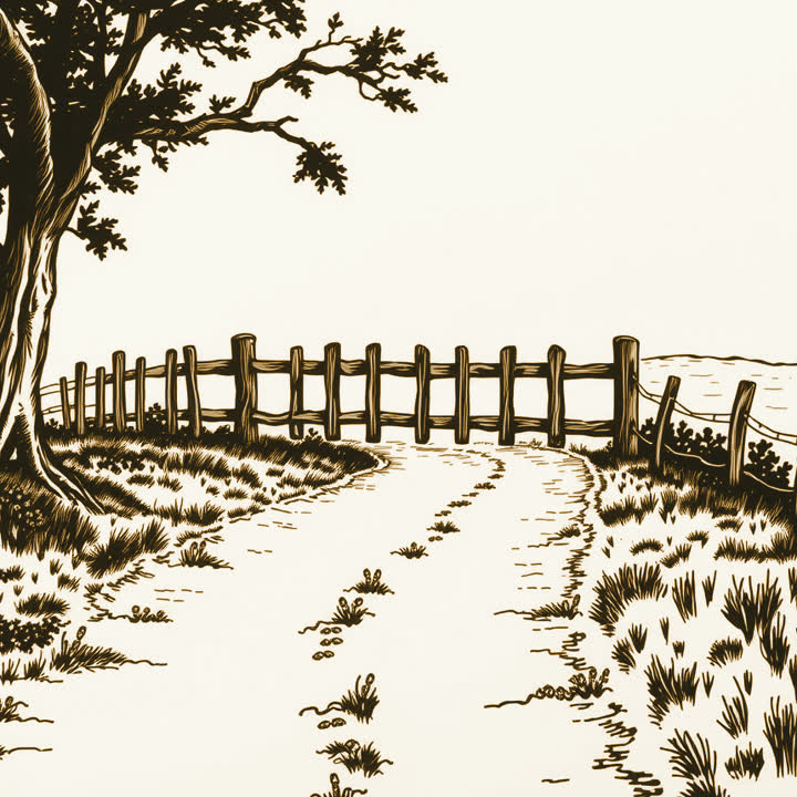 A simple wooden fence running across an empty country road