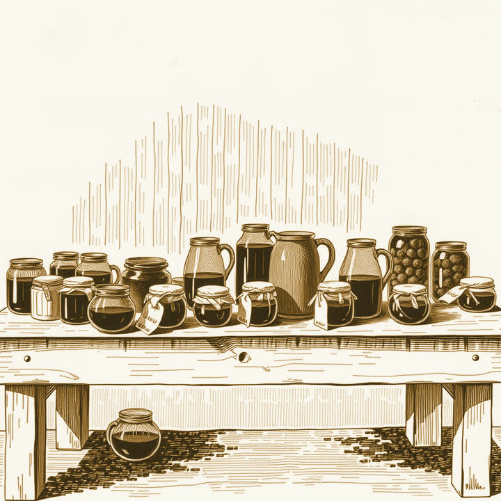 A long trestle table crowded with two dozen glass jars of jam of different sizes