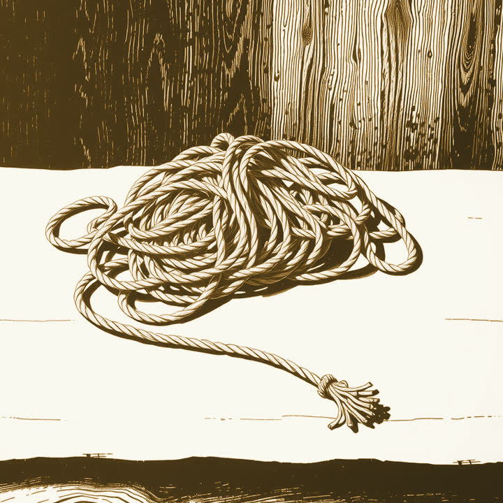 A great tangled heap of rope and string lying on a bare wooden table