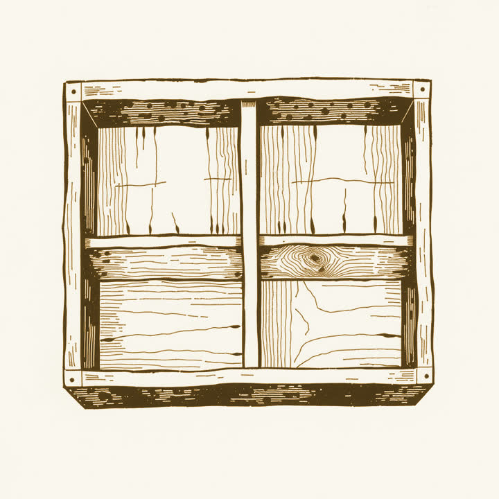 A wooden box divided into four equal compartments, viewed from above