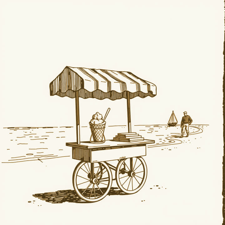 A handcart with a striped awning and a tub of ice cream on a sunny seafront promenade