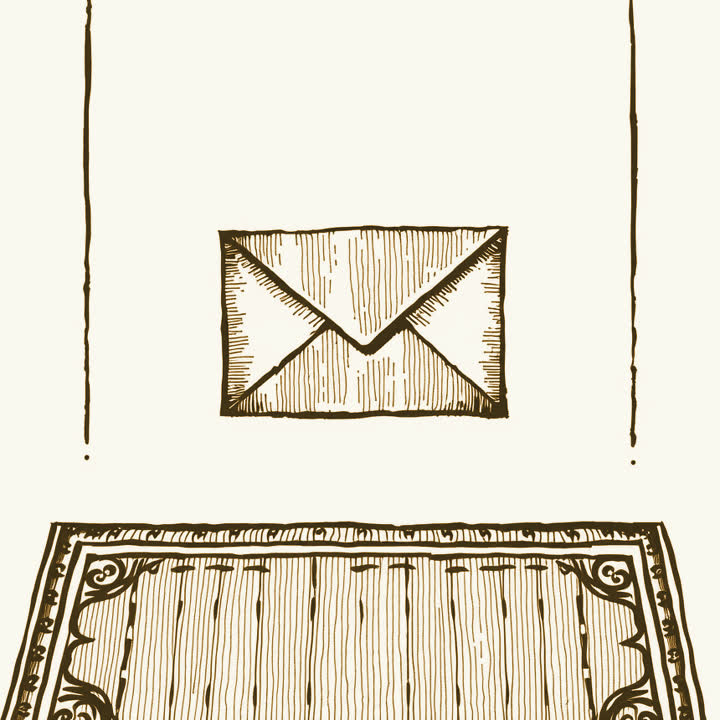 A single sealed envelope lying untouched on an empty doormat, plain background, nothing else, no border