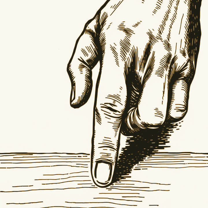 A hand with one finger tapping on a plain wooden tabletop