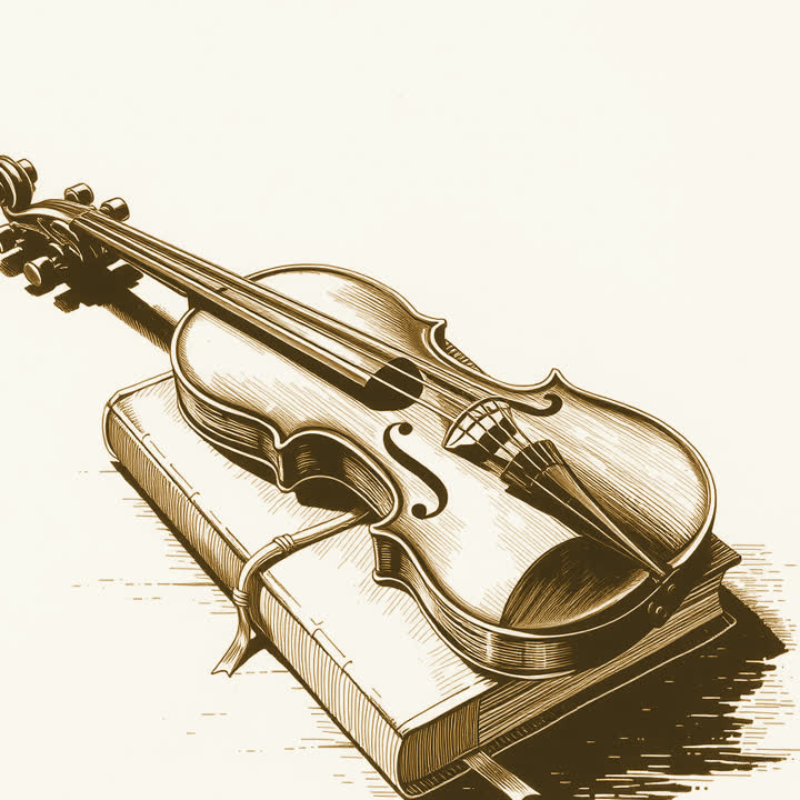 A violin and bow lying across a closed leather diary on a wooden table