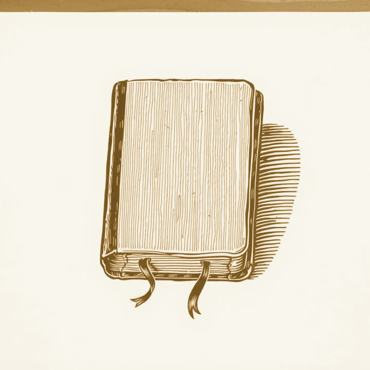 A closed leather book with a plain unmarked cover and a ribbon marker, on a wooden desk