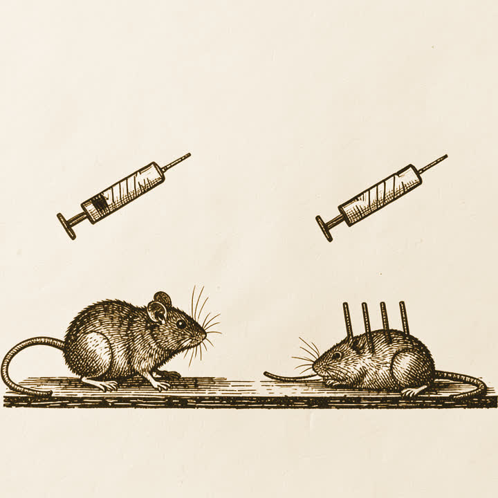 Two mice, each with a syringe beside it: one lively, one lying still