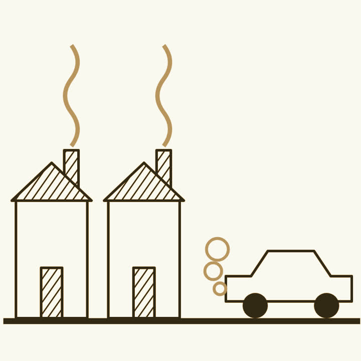 A street with chimney smoke rising from houses and exhaust puffing from a car
