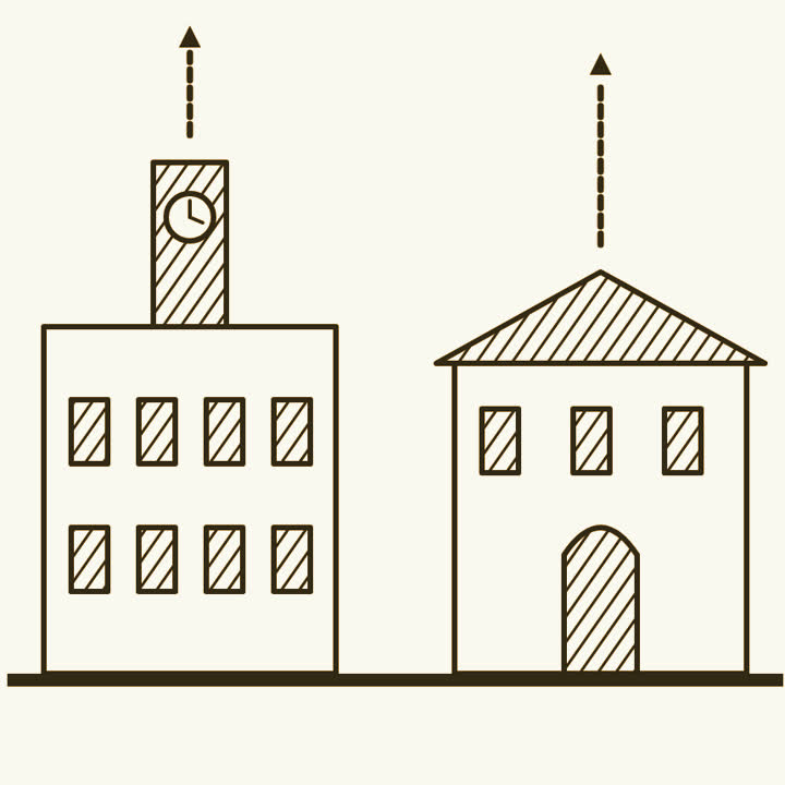 Two college buildings, one with a clock tower and one with an arched gate, each with an arrow racing upwards