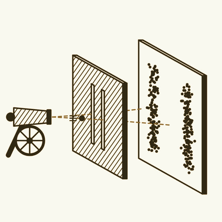 A small cannon firing pellets at a wall with two slits, two plain stripes of strikes on the panel behind
