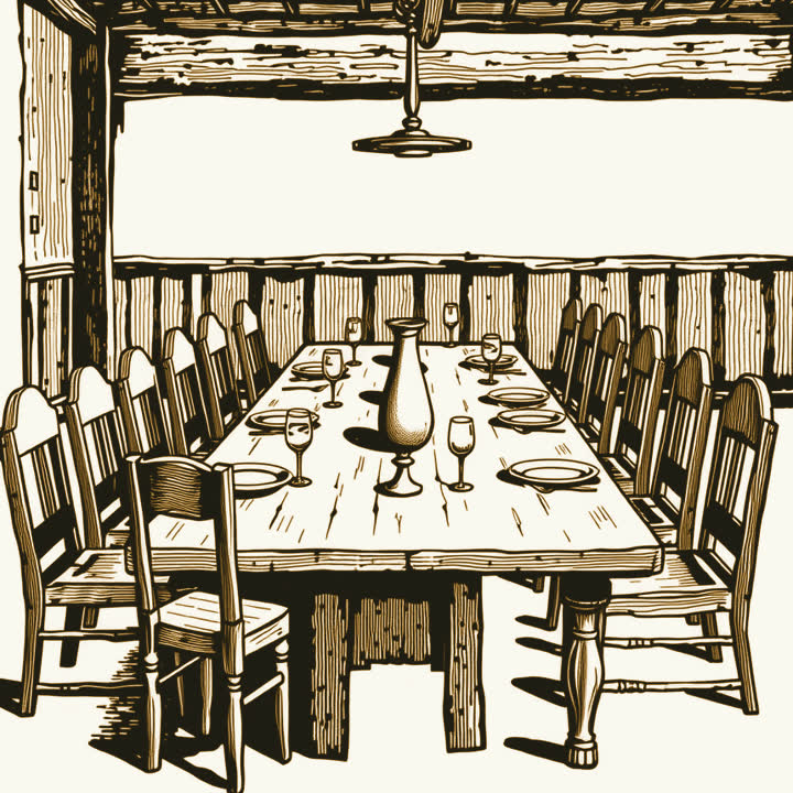 A long wooden table set for dinner with many empty chairs