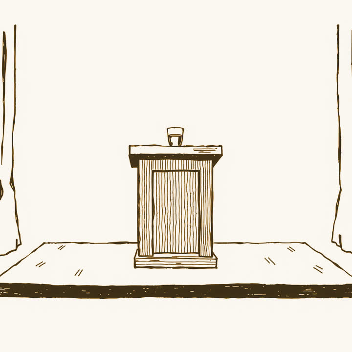 A wooden lectern on an empty stage with a glass of water on it, plain background, nothing else, no border