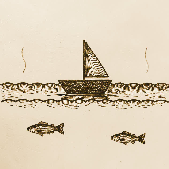 A small fishing boat on warm rippling water with only a couple of fish below