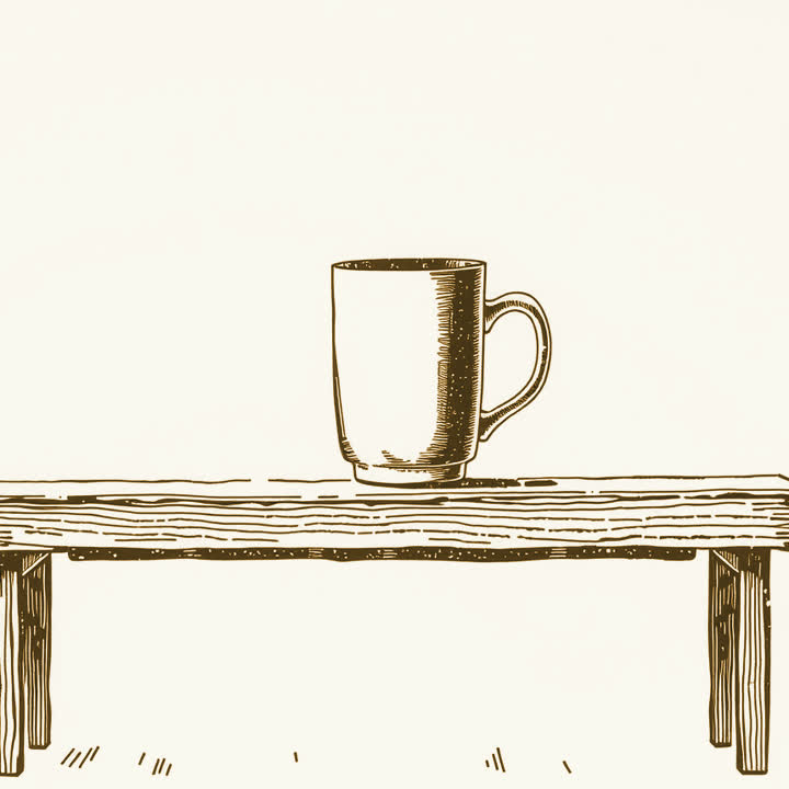 A plain ceramic mug standing alone on a wooden lecture bench, plain background, nothing else, no border