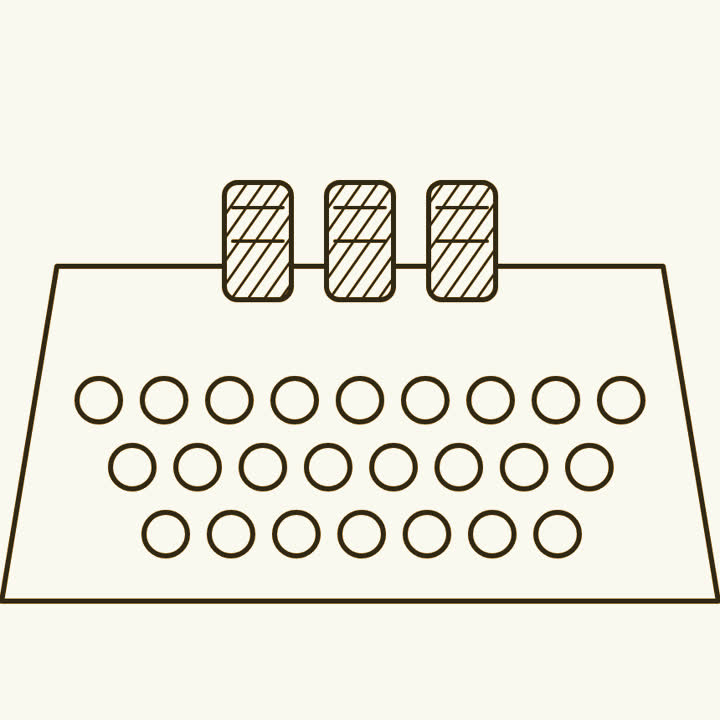 A boxy cipher machine with rows of round keys and three rotor wheels on top