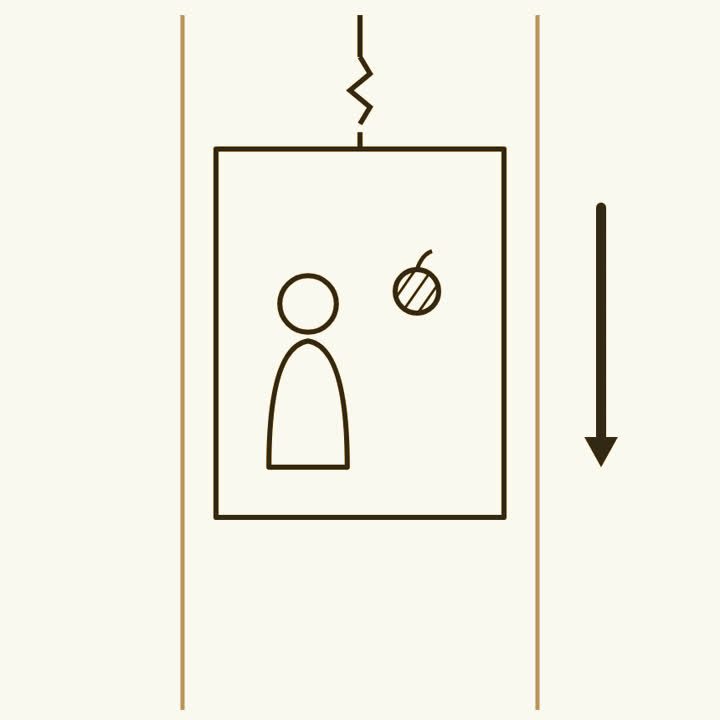 A lift falling freely down its shaft with its cable snapped, an apple floating beside the passenger