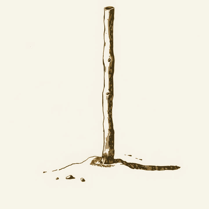 A plain wooden rod standing upright in sand casting a short shadow, plain background, nothing else, no border