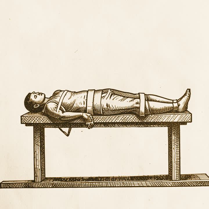 A patient strapped to a wooden operating table