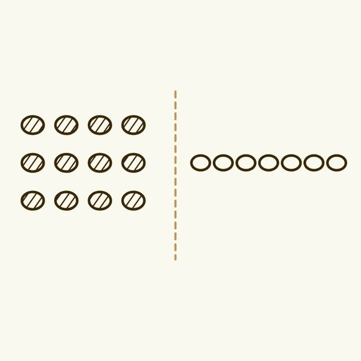 Twelve pebbles arranged in neat rows beside seven pebbles in a single line