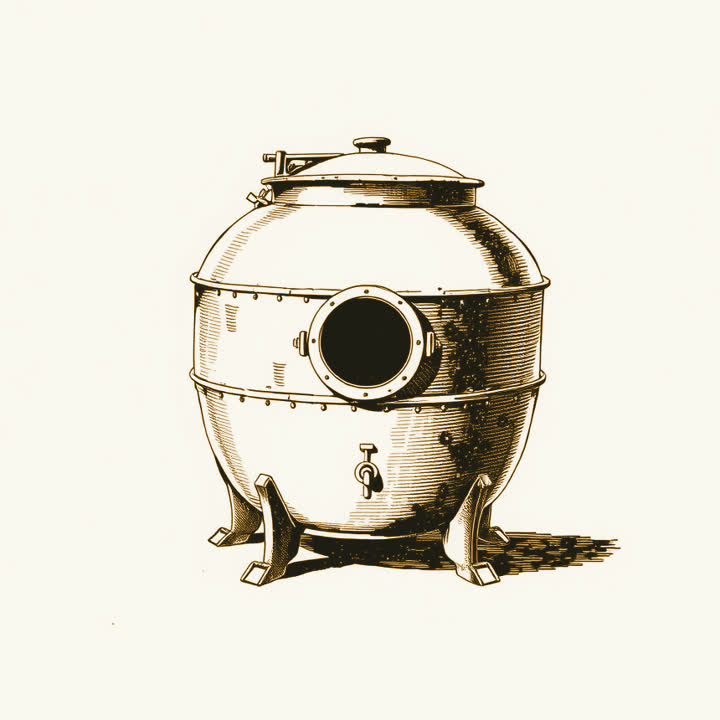 A large riveted copper tank with a hinged lid and a round porthole, standing on four clawed feet