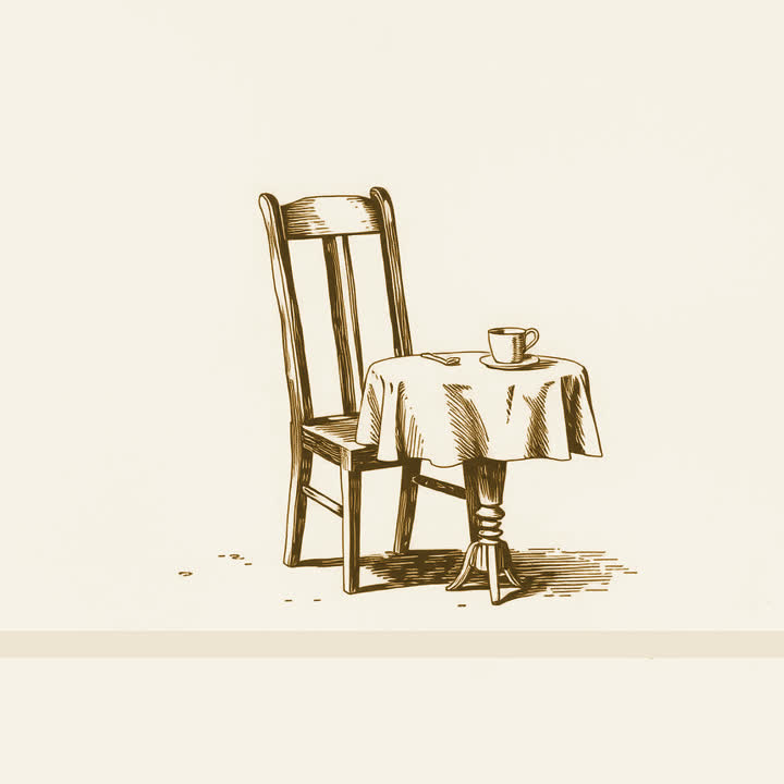 A wooden chair beside a small table set for one, plain background, nothing else, no border