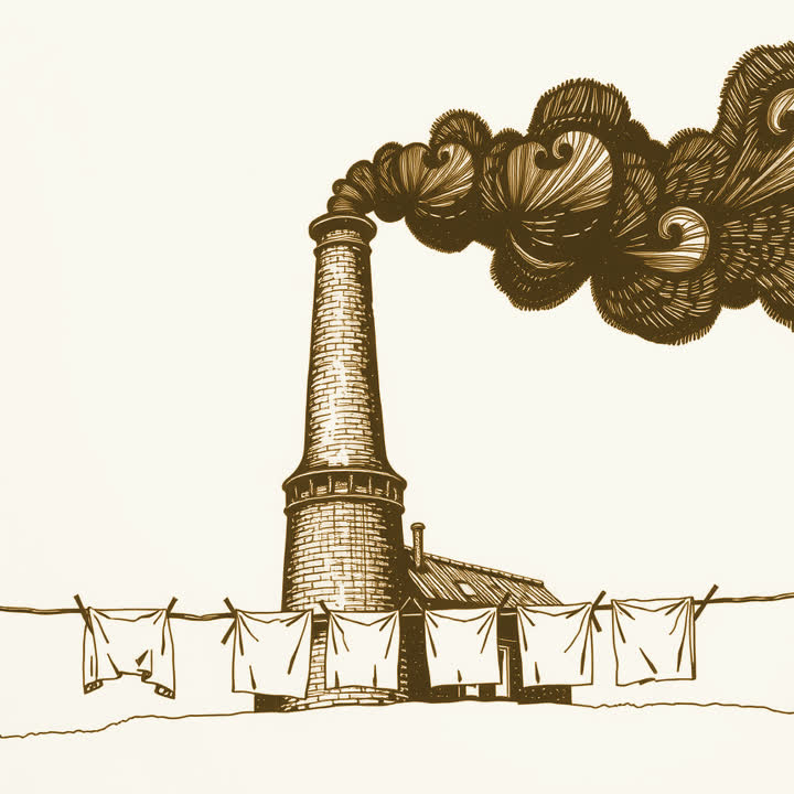 A tall brick factory chimney pouring black smoke over a line of white sheets pegged out to dry, plain background, nothing else, no border