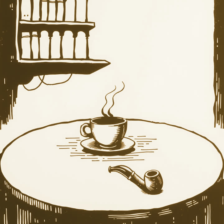 A coffee house table with an empty cup and a pipe