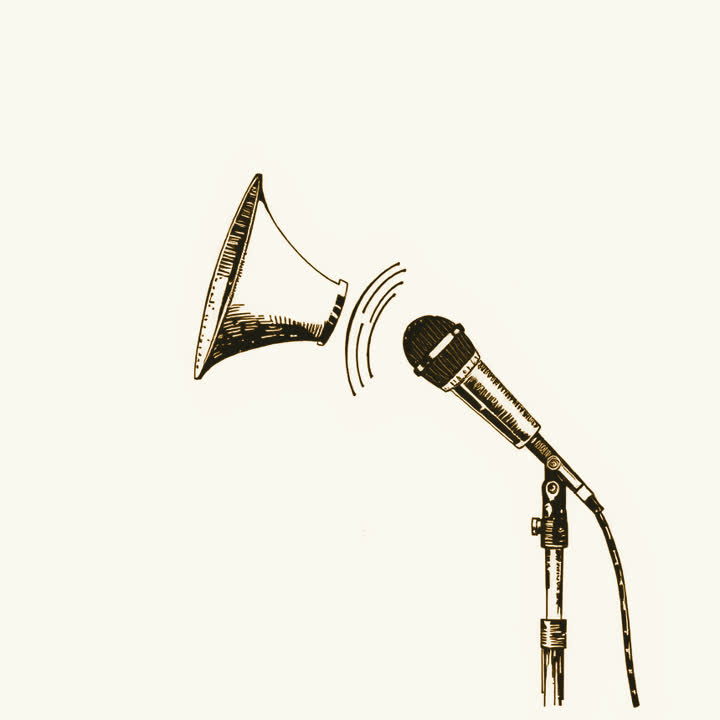 A brass horn loudspeaker facing a microphone on a stand, sound waves drawn between them, plain background, nothing else, no border
