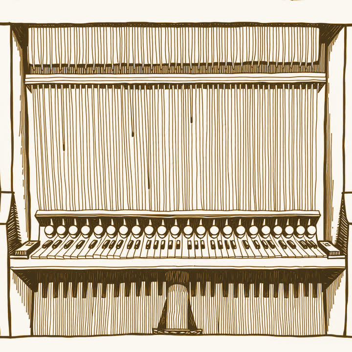 The inside of an upright piano with its front off, showing rows of taut strings and a row of felt hammers